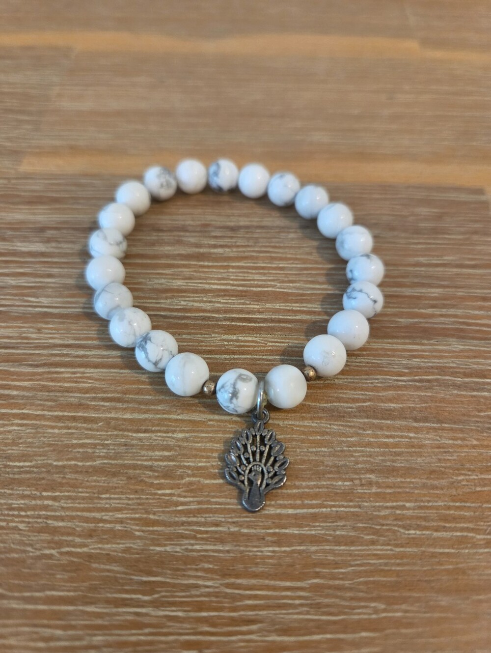 White Howlite Beaded Bracelet Peacock Charm Stretch Boho Bohemian Western